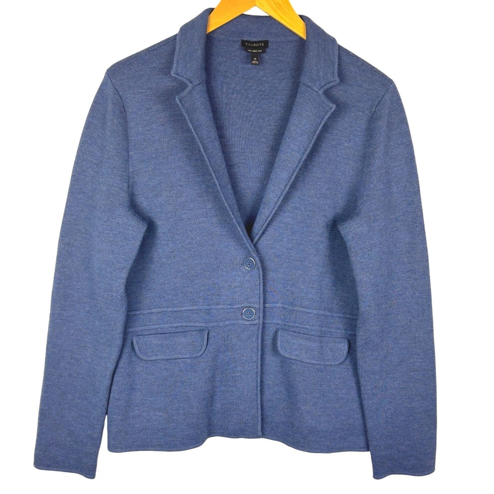 Talbots 100% Merino Wool Sweater Blazer M Blue Button Knit Jacket Classic Career